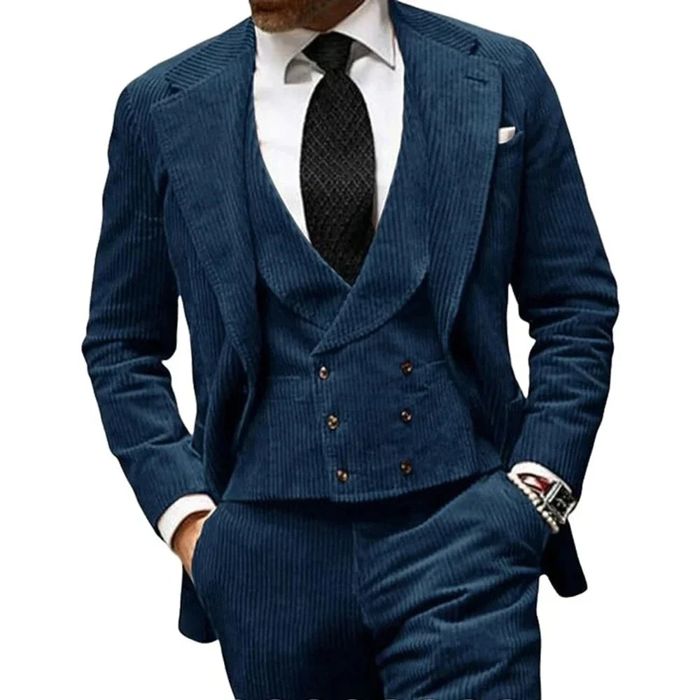 Aidase Autumn Winter Corduroy Suit For Men Single Breasted Peaked Lapel Business Casual Male Blazer Vest Pants 3Pcs Set Wedding costume aidase-shop