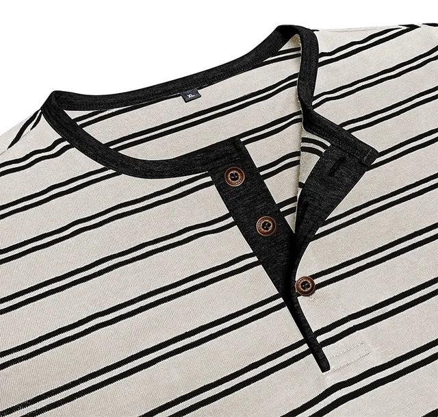 AIDASE  -  New Men's Henley Collar Long Sleeve T-Shirts Striped Casual Button T Shirt for Men Spring Autumn Male Fashion Cotton Tees Tops aidase-shop