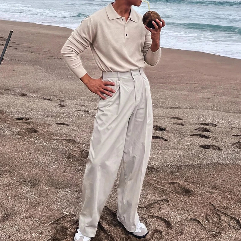 AIDASE  -  Slim Fit Button-up Turn-down Collar Knit Polo Shirt Fall Fashionable Mens Long Sleeve Polos Trendy Men's Solid Color Polo Shirts aidase-shop