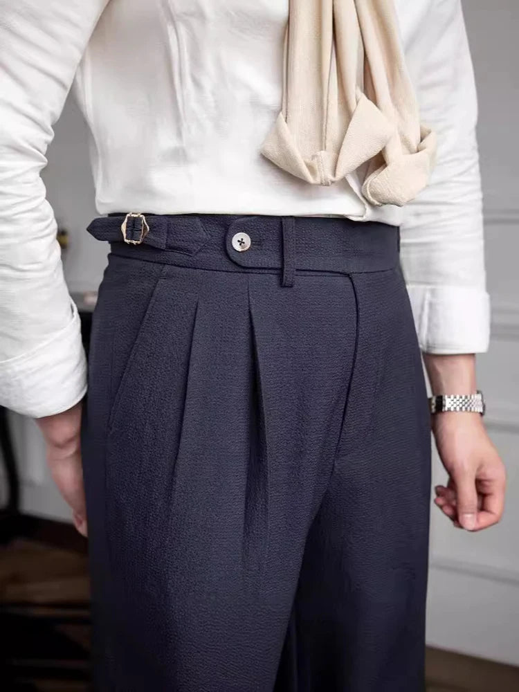 AIDASE  -  Casual Solid Color Pleated High Waist Trousers 2025 Spring Fall Trendy Men's Slim Fit Straight Pants Naples Style Trousers Mens aidase-shop