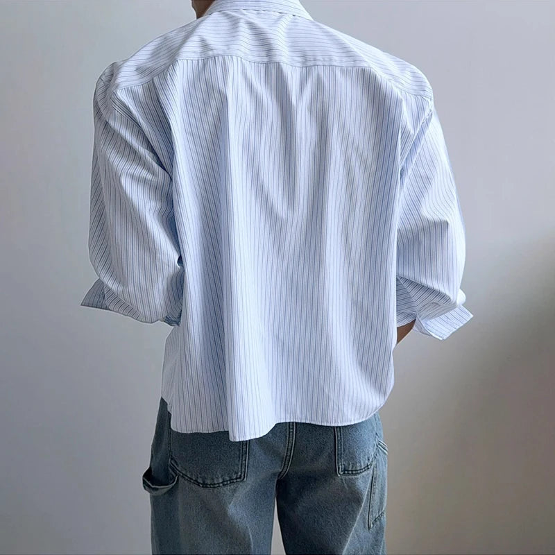 AIDASE  -  Men Striped Shirt Lapel Long Sleeve Button Casual Men Clothing Loose Streetwear 2025 Korean Style Fashion Male Shirts aidase-shop
