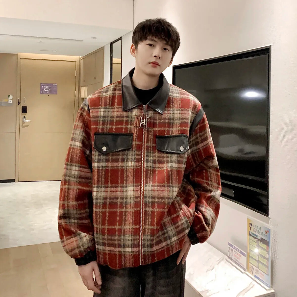 AIDASE  -  New Male Jacket Coats PU Leather Patchwork Lapel Zipper Casual Trendy Menswear Niche Design Handsome Men Tops 21E6679 aidase-shop