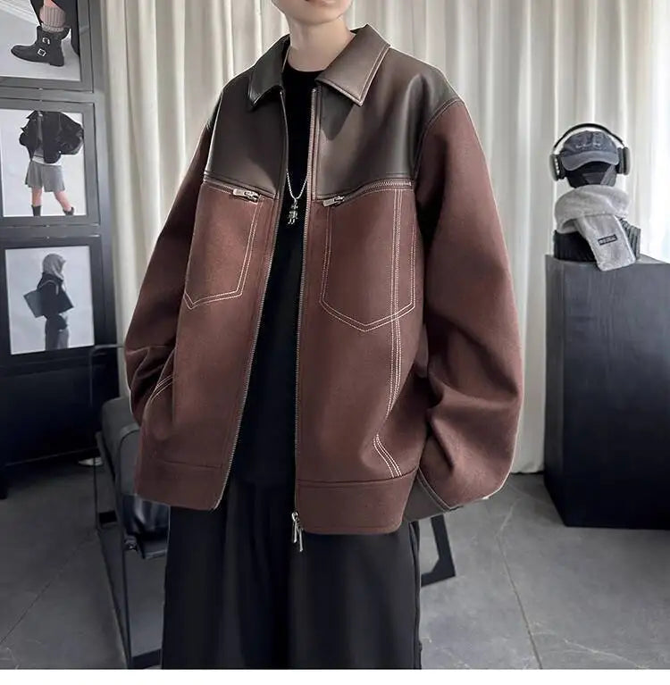 AIDASE  -  Trend Men's Jacket PU Leather Faux Suede Patchwork Design Contrast Color Casual Long Sleeve Lapel Male Coat Tide 21E7100 aidase-shop