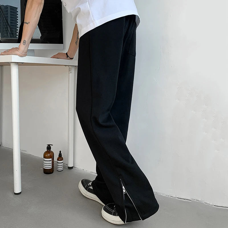 AIDASE  -  Drawstring Men Sweatpannts American Style Solid Color Elastic Waist Bottom Zipper Patchwork Straight Male Trousers 24K2733 aidase-shop