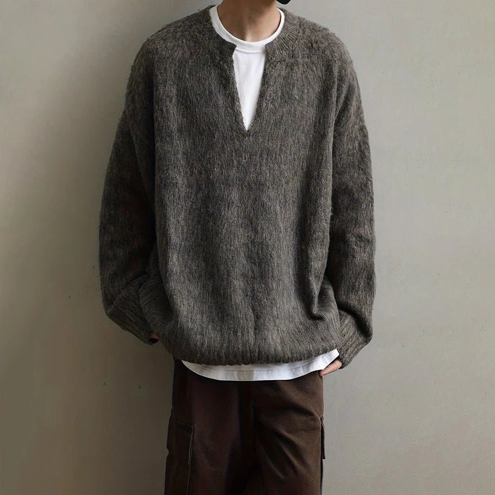 AIDASE  -  American Street Fashion Solid Color V-Neck Sweater Men Autumn And Winter Lazy Style High-End Casual Knitted Sweater Jacket Men aidase-shop