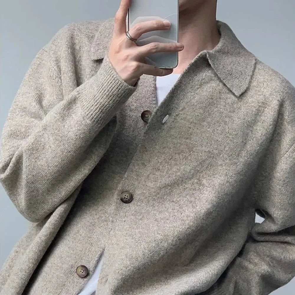 AIDASE  -  Mens Retro Solid Color Lapel Y2k Cardigan Sweater Autumn And Winter Street Fashion Trend Lazy Style Knitted Sweater Jacket Men aidase-shop