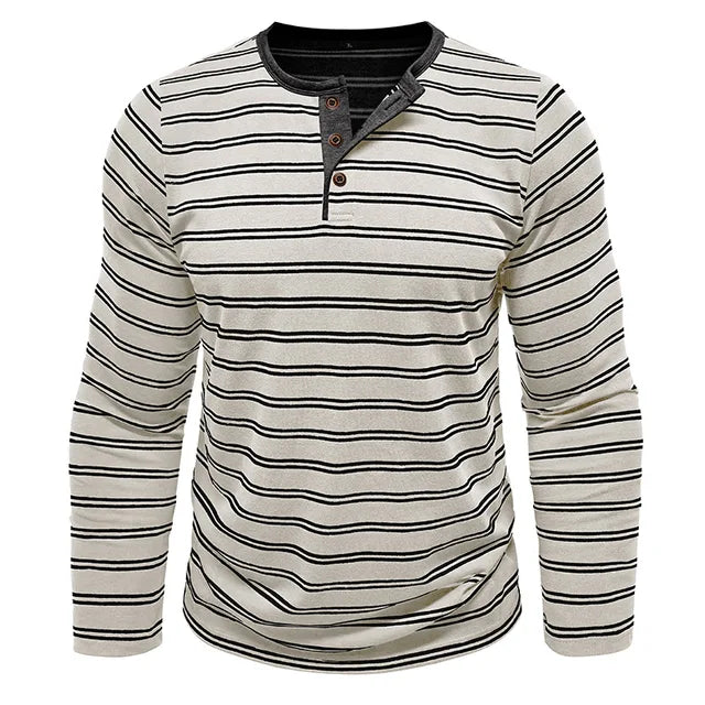 AIDASE  -  New Men's Henley Collar Long Sleeve T-Shirts Striped Casual Button T Shirt for Men Spring Autumn Male Fashion Cotton Tees Tops aidase-shop