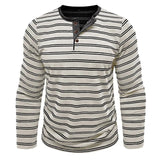 AIDASE  -  New Men's Henley Collar Long Sleeve T-Shirts Striped Casual Button T Shirt for Men Spring Autumn Male Fashion Cotton Tees Tops aidase-shop