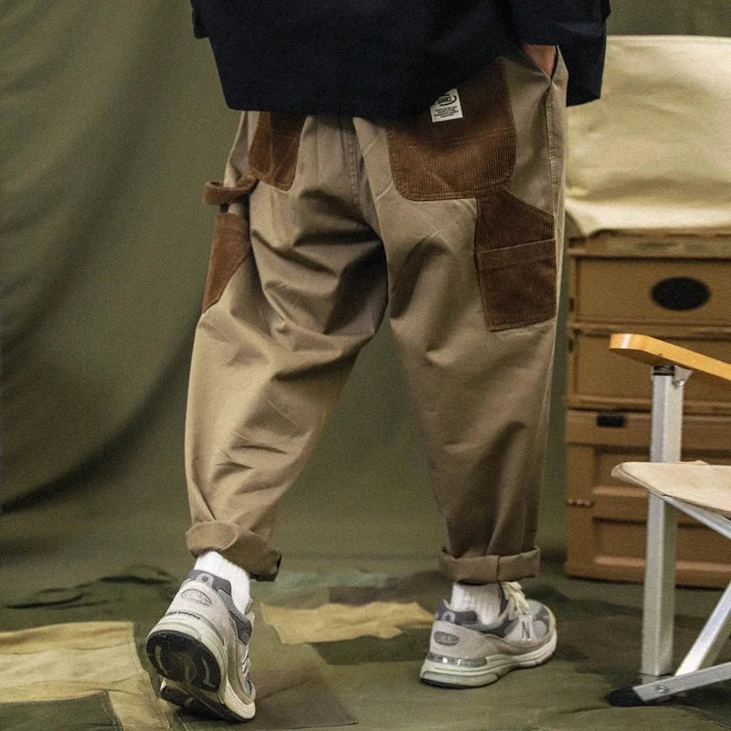 63.62Aidase Patchwork Cargo Pants Men Corduroy Contrast Stitch Trousers Mens Streetwear Loose Casual Pants aidase-shop