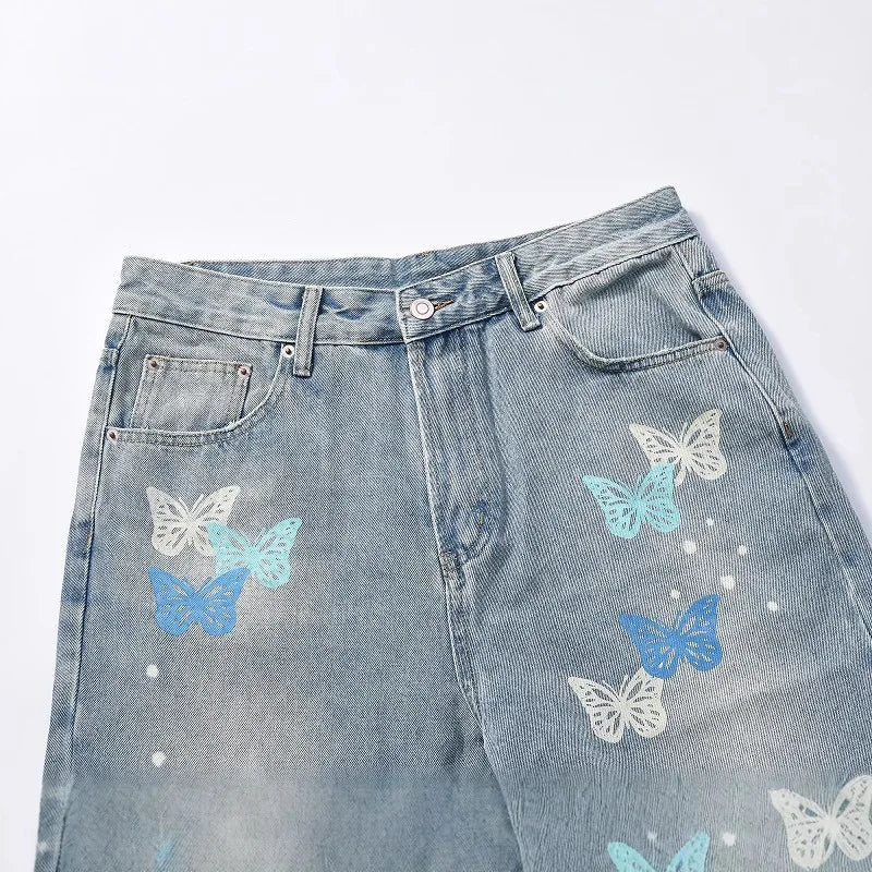 Aidase American Streetwear Butterfly Printed Straight Leg Jeans Man Hip Hop Splashed Ink Blue Jeans Y2k Slim Jeans Men 2024 Fashion aidase-shop