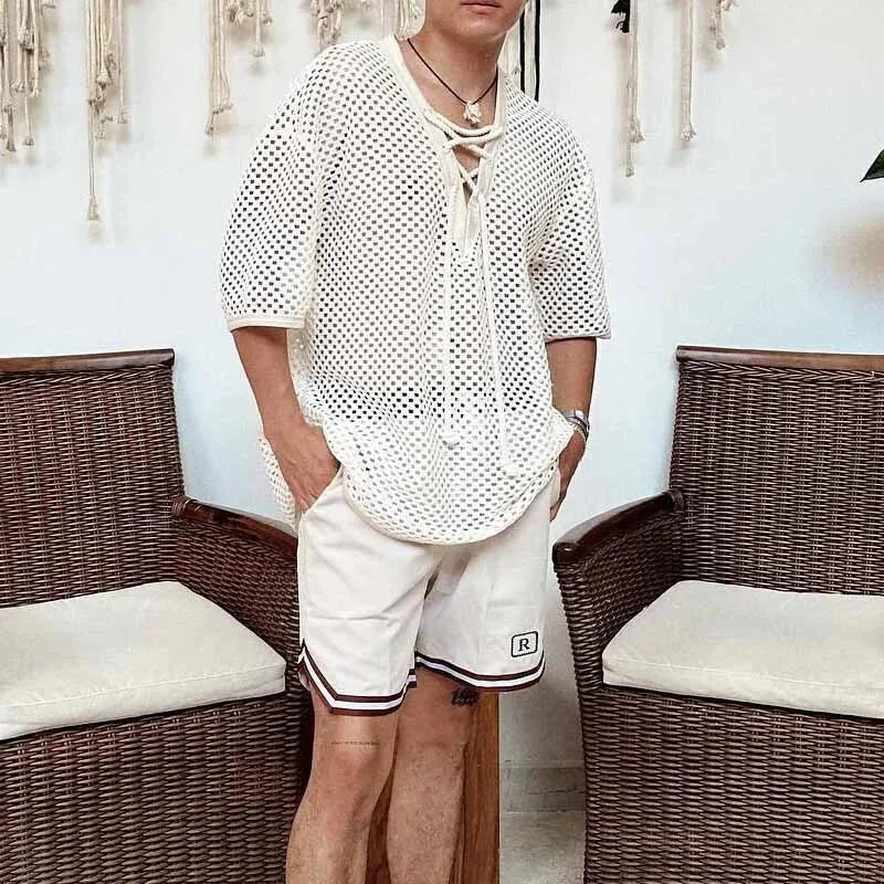 AIDASE  -  Summer New Man's Tide Mesh Hollow Out Knitted T-shirt V-Neck Short Sleeve Pullover Casual High Street Chic Sexy Tops W11957 aidase-shop