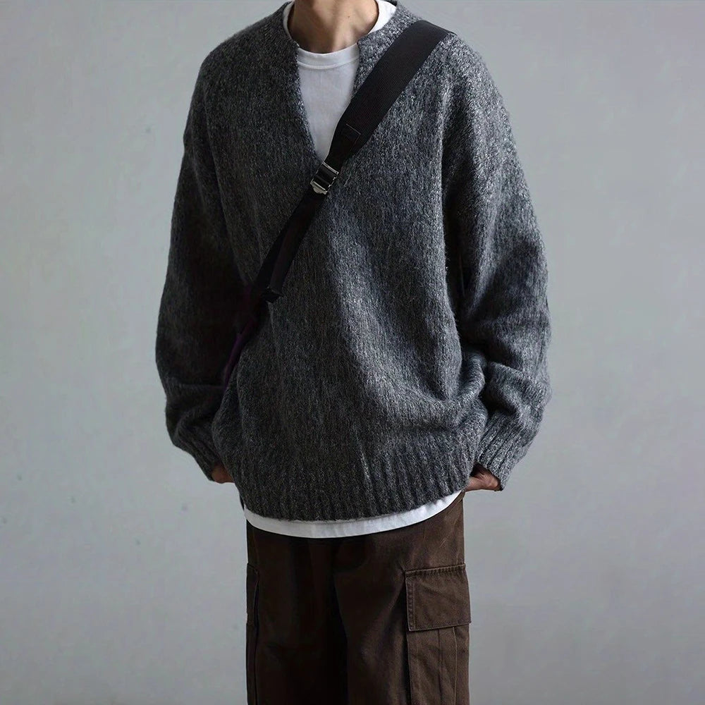 AIDASE  -  American Street Fashion Solid Color V-Neck Sweater Men Autumn And Winter Lazy Style High-End Casual Knitted Sweater Jacket Men aidase-shop