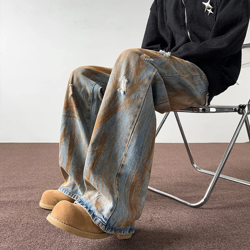 Aidase Spring and Autumn Tie Dyed Distressed Jeans, Men's Straight Leg American Trendy Brand Ruffian Handsome Casual Hip-hop High 2024 aidase-shop