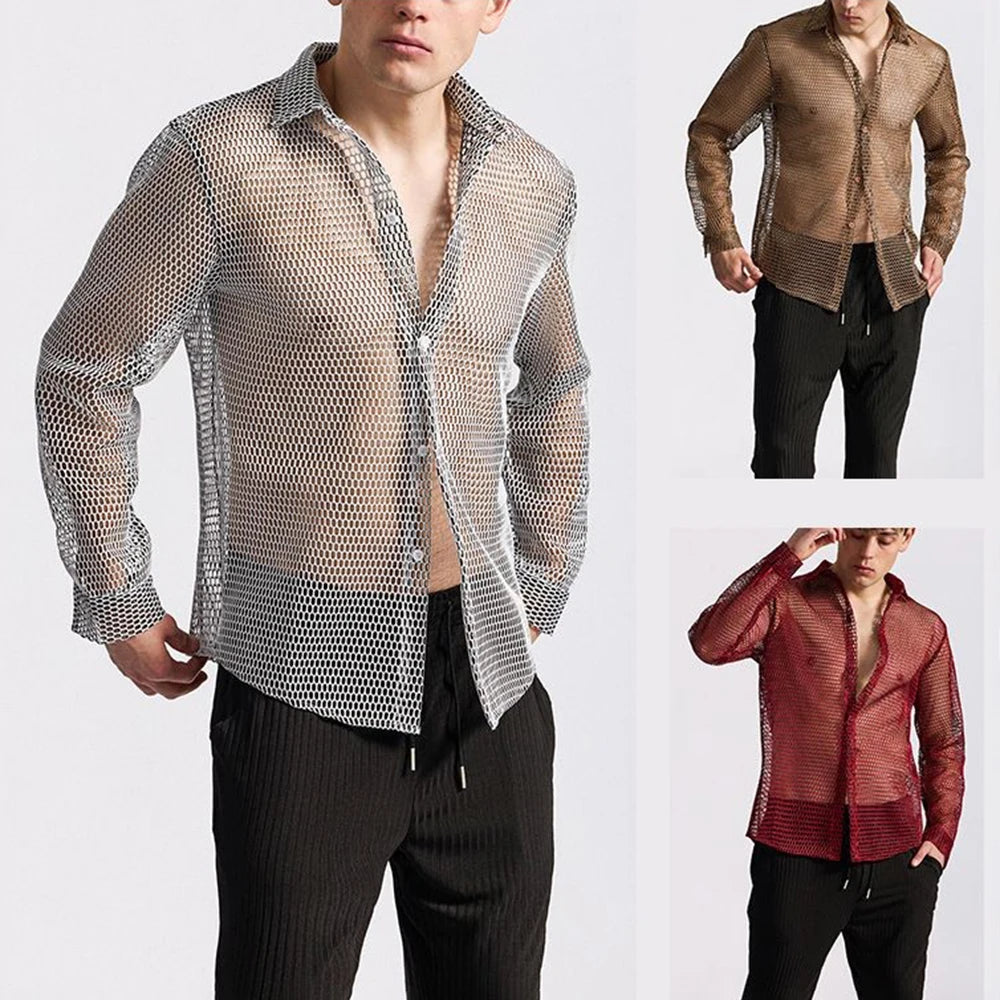 AIDASE  -  Mens Shirt Hollow Ballroom Nightclub Sexy Shirt Streetwear Fashion Youth Outdoor Niche Long-Sleeved Top Men'S Clothing 2025 New aidase-shop