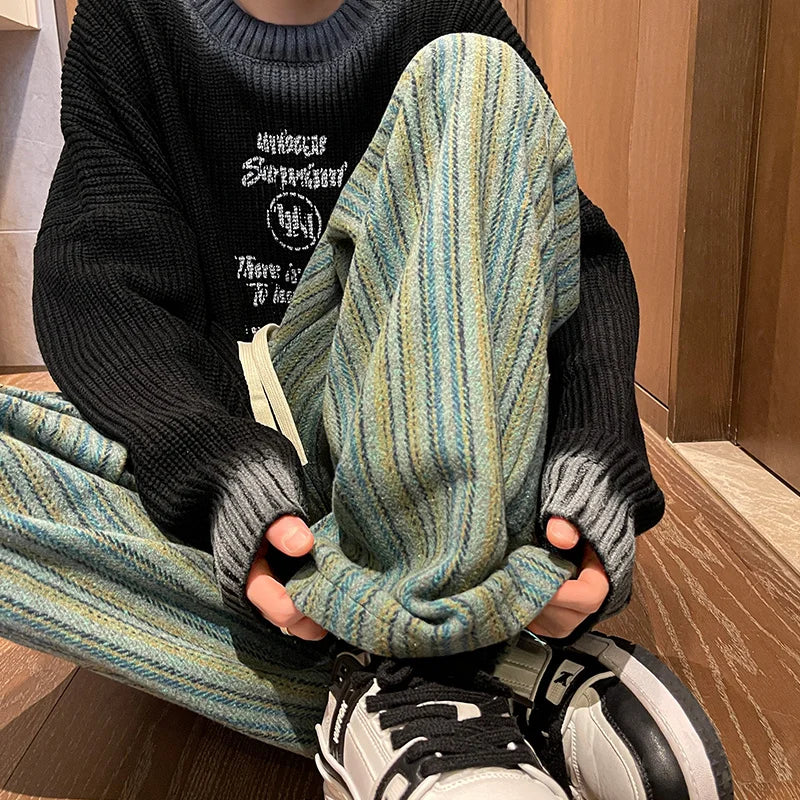 Aidase Wool Men's Pants Autumn and Winter Thickened High Waisted Small Leg Pants Casual Business Striped Contrast Wool Pants Warm aidase-shop