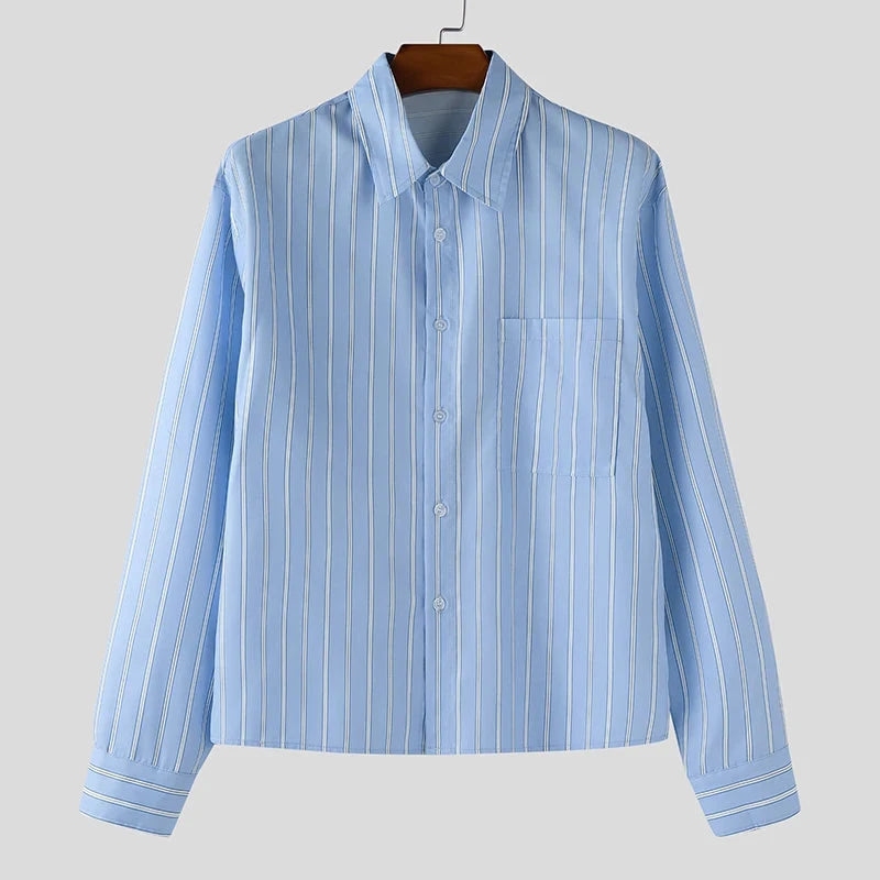 AIDASE  -  Men Striped Shirt Lapel Long Sleeve Button Autumn Casual Men Clothing Loose 2025 Streetwear Korean Style Fashion Shirts aidase-shop