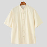 AIDASE  -  Men Striped Shirt Stand Collar Short Sleeve Button Loose Men Clothing Summer Streetwear 2025 Fashion Casual Male Shirts aidase-shop