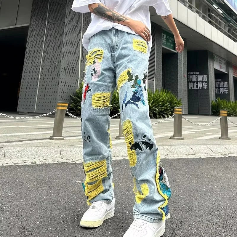 Aidase Streetwear Men Stylish Hip Hop Ripped Patch Slim Fit Jeans Pants Streetwear Casual Straight Denim Trousers aidase-shop