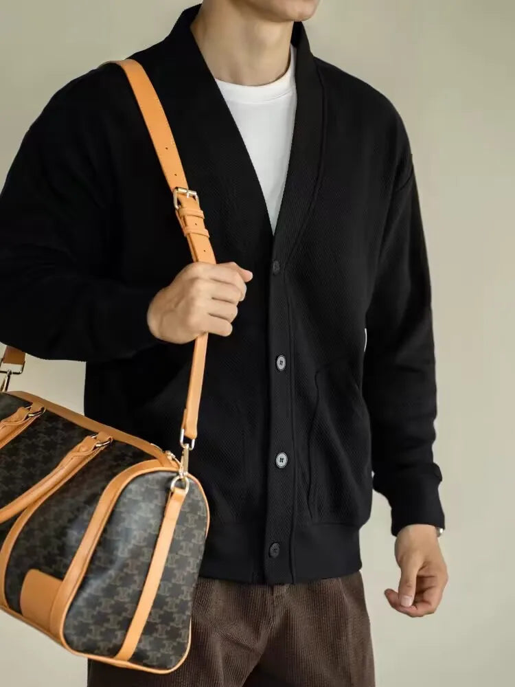 AIDASE  -  European Large V-neck Work Jacket Men's Twill Texture Elastic Long-sleeved Sweatshirt Cardigan Casual Commuting aidase-shop