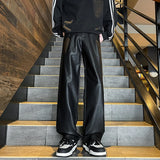 Aidase Men's PU Leather pants Fashion baggy Motorcycle Pants Men Wide-leg Mopping Trousers All-match Windproof Plus Size 8XL-M