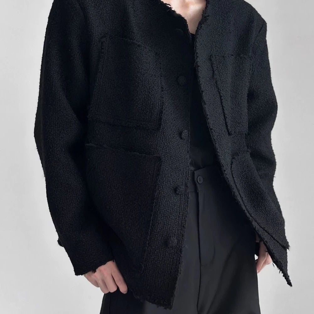 AIDASE  -  Mens Solid Color High-End Jacket Autumn And Winter New Style Raw Edge Design Collarless Loose Top Korean Style Trendy Jacket aidase-shop