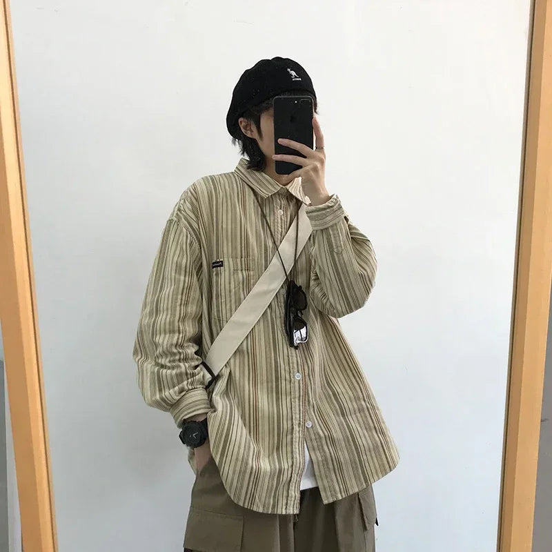Aidase College Retro Men  Two-piece Japanese Casual Set Loose Striped Shirt+large Pocket Drawstring Wide Leg Pants New Unisex Suit aidase-shop