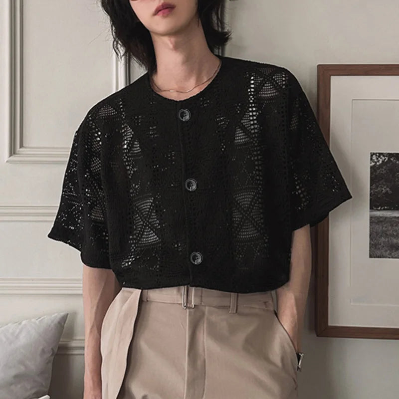 AIDASE  -  2025 Men Shirt Lace See Through Sexy O-neck Short Sleeve Button Male Tops Shirts Streetwear Sexy Men Clothing Summer aidase-shop