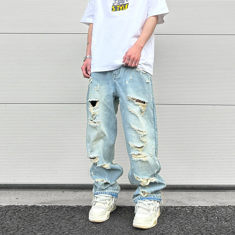Aidase Washed Blue Oversized Torn Jeans for Men Streetwear Hip Hop Large Destroyed Wide Leg Jeans Baggy Straight Ripped Denim Pants aidase-shop