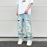 Aidase Washed Blue Oversized Torn Jeans for Men Streetwear Hip Hop Large Destroyed Wide Leg Jeans Baggy Straight Ripped Denim Pants