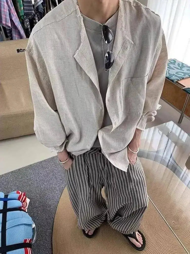 AIDASE  -  American Retro Linen irt Men's Lazy Loose Long Sve Collarl Design Sensation Cleanfit Top Sun Protection Casual Sle aidase-shop