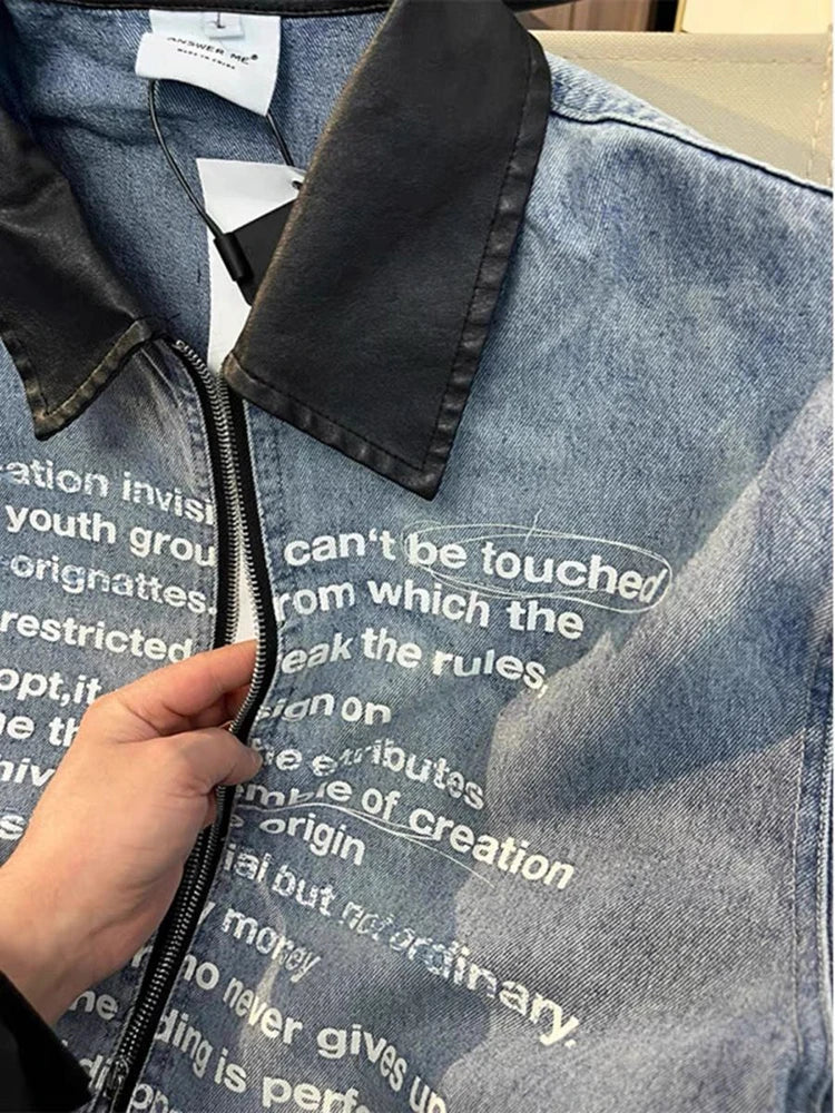 AIDASE  -  Men's Clothing Vintage Letter Zipper Denim Jacket Men's Spring And Fall Design Lapel Washed Biker Jacket Outerwears Coats Y2k aidase-shop