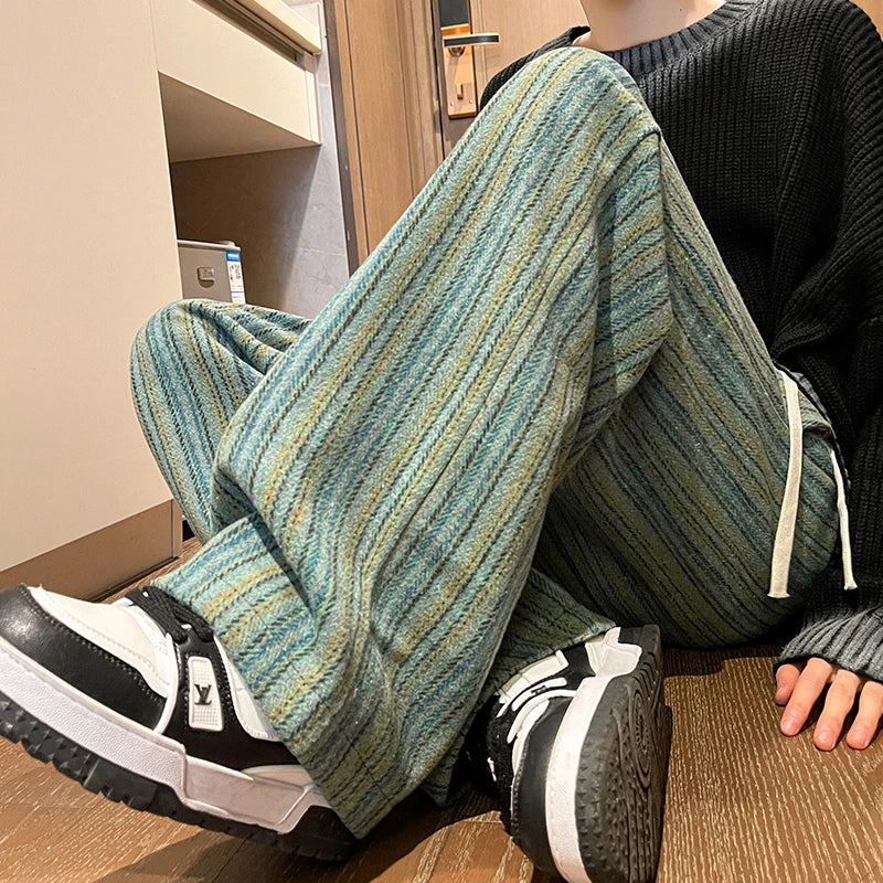 Aidase Wool Men's Pants Autumn and Winter Thickened High Waisted Small Leg Pants Casual Business Striped Contrast Wool Pants Warm aidase-shop
