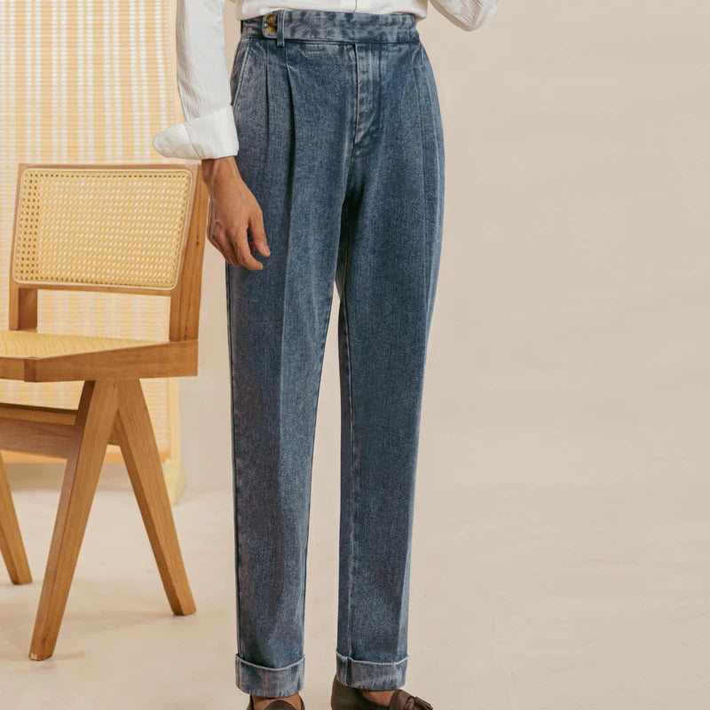 Aidase High Quality Double Pleated Jeans Straight Tube Loose Washed High Grade Casual Pant Men Dress Trouser Straight Leg Pant Naples aidase-shop