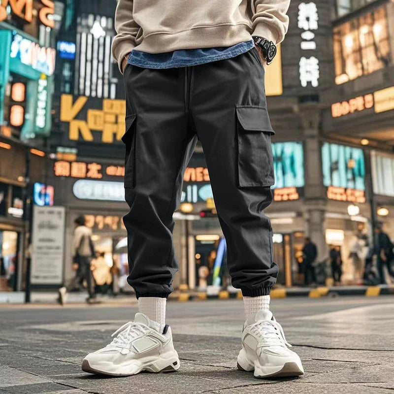 AIDASE  -  Summer Casual Loose Trousers Men Fashion Pure Color Drawstring Patchwork Pants Stylish Mens Multi Pockets Cargo Pants Streetwear aidase-shop