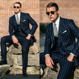 Aidase Dark Blue Men's Suits Tailored 3 Pieces Blazer Vest Pants Single Breasted Peaked Lapel Groom Pinstripes Custom Made Plus Size