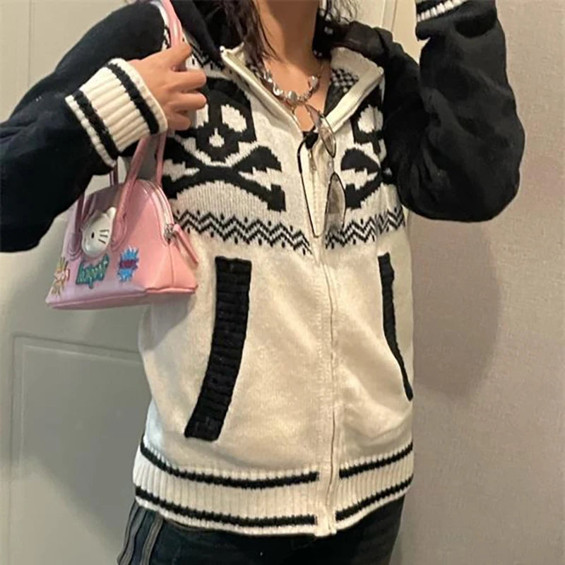 AIDASE  -  Sweaters Skull Hooded Zip Up Harajuku Pullover Women Winter Knitwear Pattern Oversized Streetwear Lovers Top 2000s Clothes Y2k aidase-shop