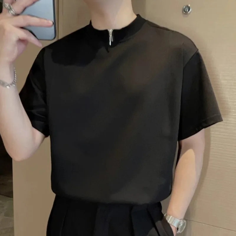 AIDASE  -  Men's Short Sleeve T-shirt Summer New Half Zipper Round Neck Casual Solid Color Men Tees Fashion Handsome Male Tops 21E6997 aidase-shop