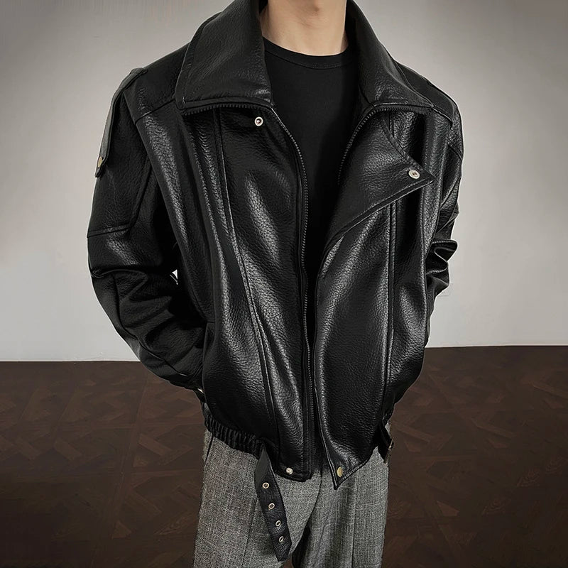 AIDASE  -  Men's PU Leather Jacket 2025 Autumn New Lychee Pattern Double Layer Collar Design Long Sleeve Fashion Male Coats 21E7549 aidase-shop