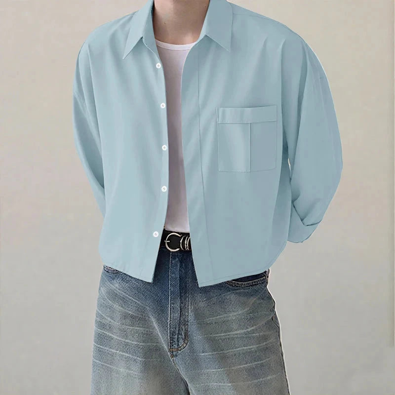 AIDASE  -  Men Casual Shirt Solid Color Lapel Long Sleeve Button Men Clothing Streetwear Loose 2025 Fashion Male Crop Tops Shirts aidase-shop