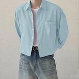 AIDASE  -  Men Casual Shirt Solid Color Lapel Long Sleeve Button Men Clothing Streetwear Loose 2025 Fashion Male Crop Tops Shirts aidase-shop