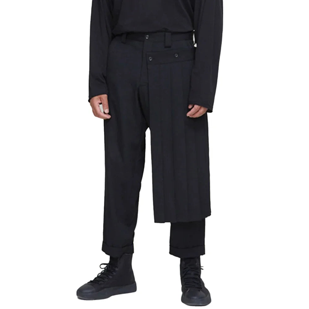 AIDASE  -  Spring Summer New Genderless Double-Layer Culottes Mens Fashion Trend Casual Deconstructed Pleated Trousers Straight Pants aidase-shop
