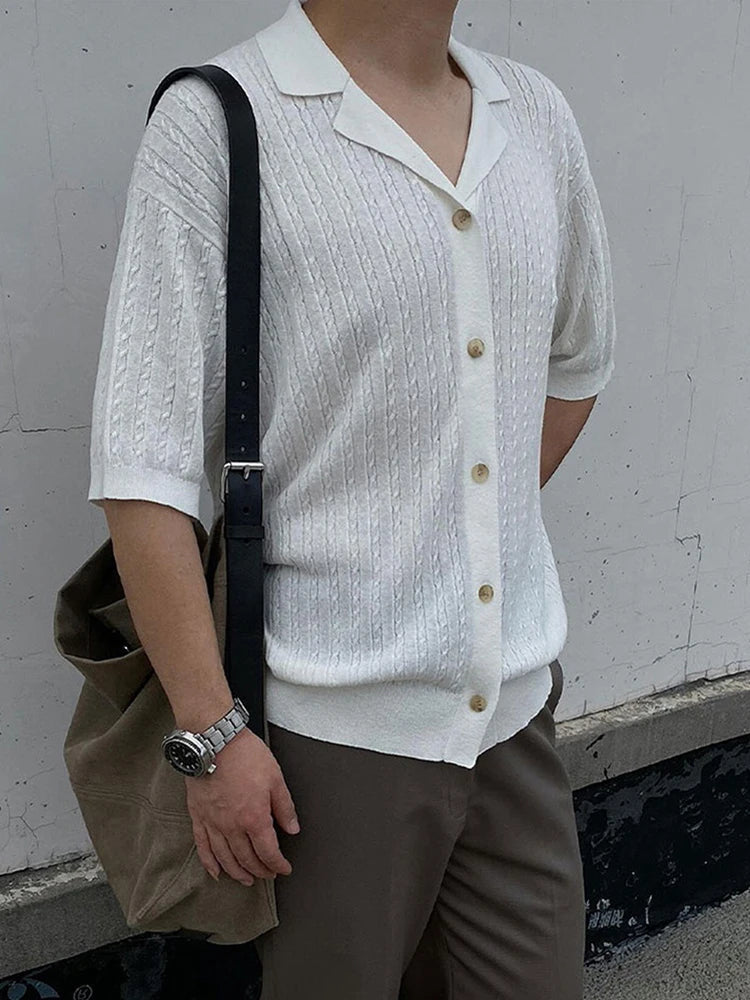 AIDASE  -  Streetwear Fashion Knitting Shirts Mens Summer Vintage Jacquard Turn-down Collar Cardigan Tops Men New Casual Slim Knitted Shirt aidase-shop