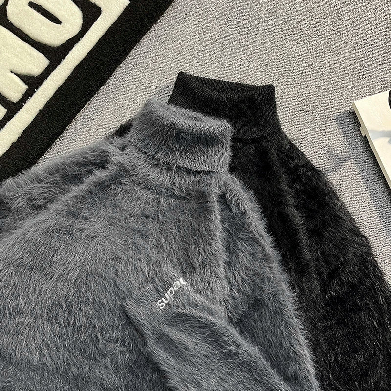 AIDASE  -  Faux Mink High Neck Men Sweater Autumn Winter New Trend Loose Long Sleeve Thickened Warm Knitted Pullovers Tide 21E7596 aidase-shop