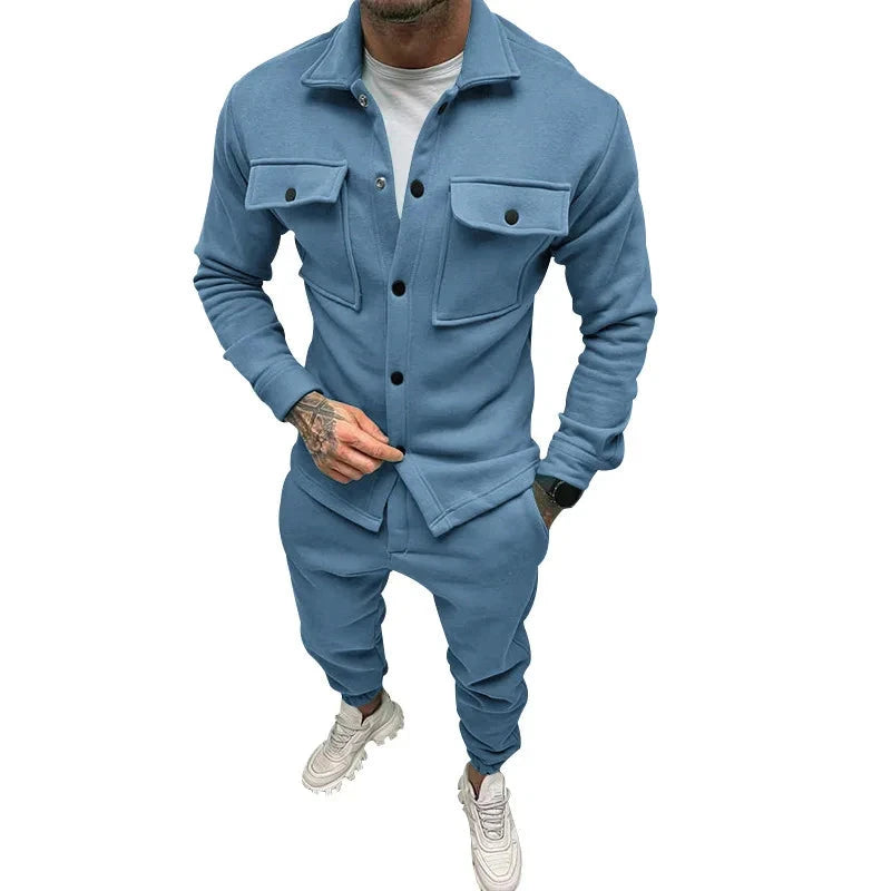 AIDASE  -  Men's Jacket Cargo Pants Set with Pocket Button Spring Fall Blue Tracksuit High Quality Solid Color Male Fashion 2 Pieces Suit aidase-shop