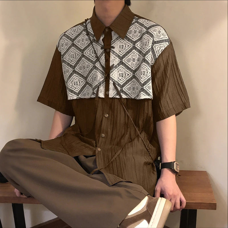 AIDASE  -  Men Shirt Lace Patchwork Pleated Lapel Short Sleeve Men Clothing Summer Streetwear 2025 Loose Fashion Casual Male Shirts aidase-shop
