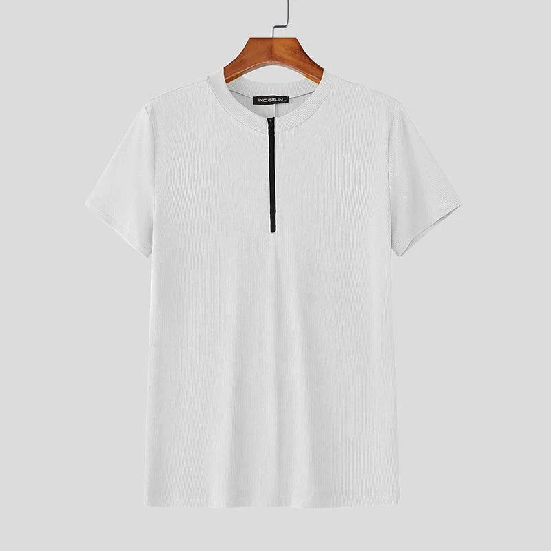 AIDASE  -  Men T Shirt Knitted Solid Color Zipper O-neck Short Sleeve Male Tee Tops Streetwear 2025 Fashion Casual Men Clothing aidase-shop
