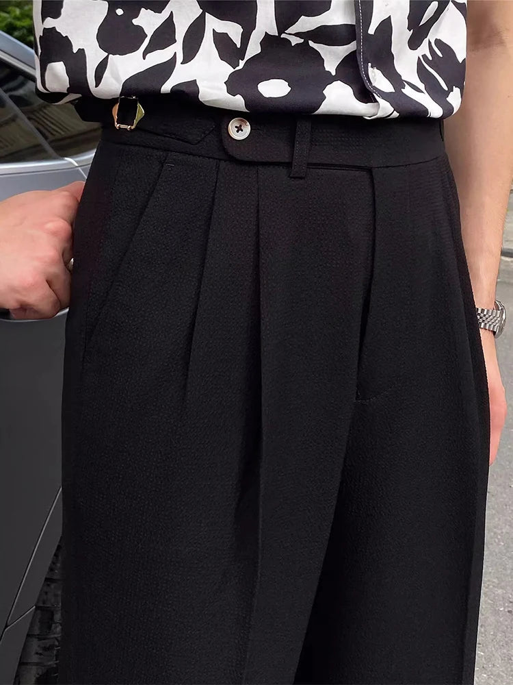 AIDASE  -  Casual Solid Color Pleated High Waist Trousers 2025 Spring Fall Trendy Men's Slim Fit Straight Pants Naples Style Trousers Mens aidase-shop