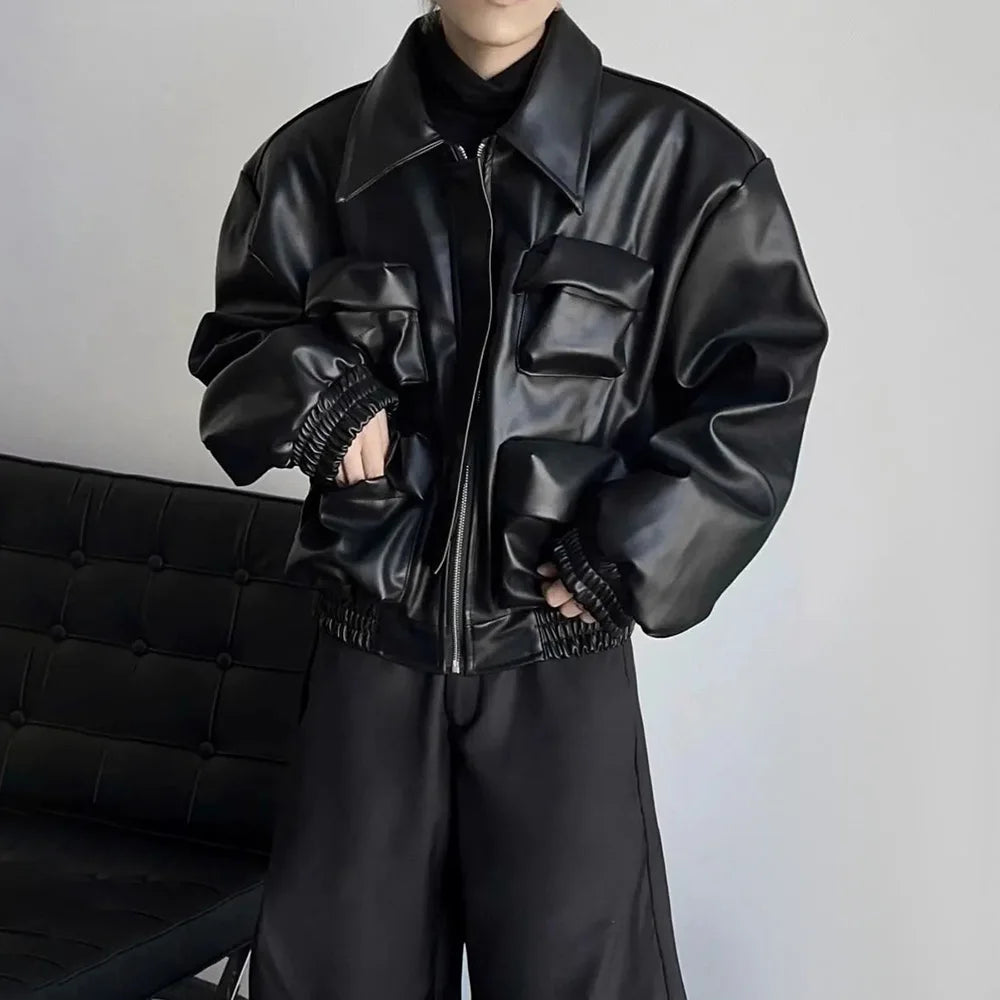 AIDASE  -  Y2K Mens PU Leather Jacket Pocket Motorcycle Coat Spring Casual Gothic High Street Dark Silhouette Top Men's Wear Unisex 2025 aidase-shop