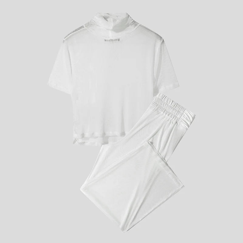 AIDASE  -  Men Sets Mesh See Through Sexy Turtleneck Short Sleeve T Shirt & Pants 2PCS Streetwear Summer 2025 Fashion Men's Suits aidase-shop