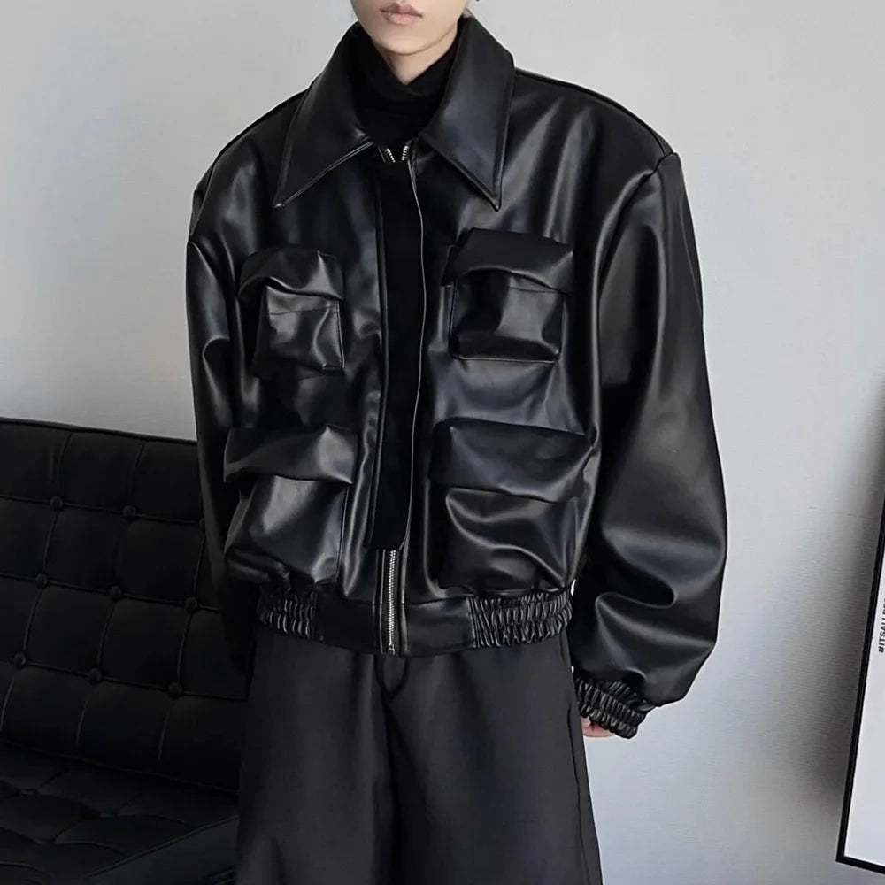 AIDASE  -  Y2K Mens PU Leather Jacket Pocket Motorcycle Coat Spring Casual Gothic High Street Dark Silhouette Top Men's Wear Unisex 2025 aidase-shop